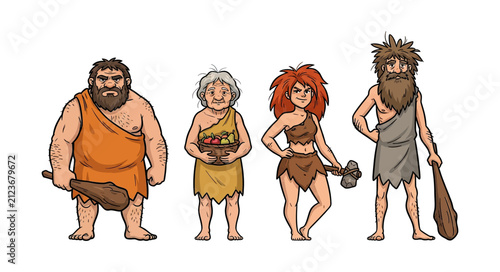 Diverse Group of Prehistoric Cave People Standing Together with Primitive Tools and Food in a Friendly Cartoon Illustration