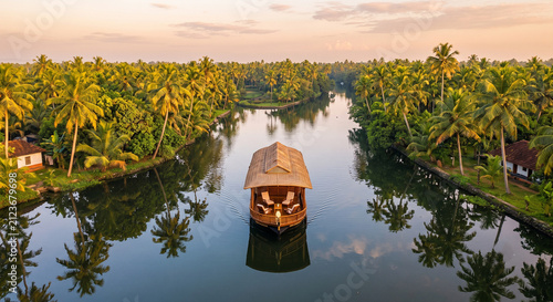 Romantic Kerala houseboat at sunset sailing across peaceful backwaters beneath colorful tropical evening skies in South India