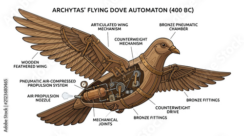 Automaton of a mechanical flying dove serves as an ancient engineering diagram depicting pneumatic propulsion and wooden wing mechanics from the fourth century BC.