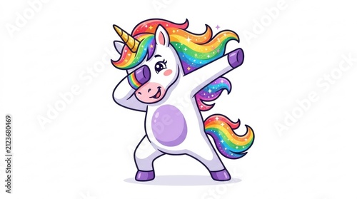 A cute cartoon unicorn with a rainbow mane and tail performing the popular dab dance move isolated illustration