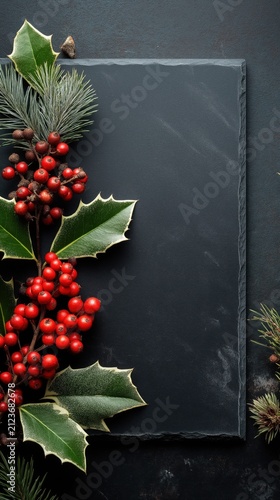 Dark stone background with holly leaves and red berries, festive copy space, seasonal decoration, elegant holiday design, Christmas.