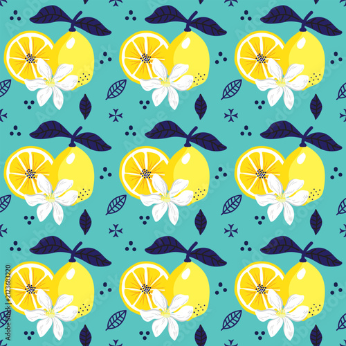 Bright, seamless lemon pattern with citrus fruit, blossom, slice, and botanical leaves on a turquoise background. Fresh summer design for fabric, wallpaper, wrapping paper,  and stationery.