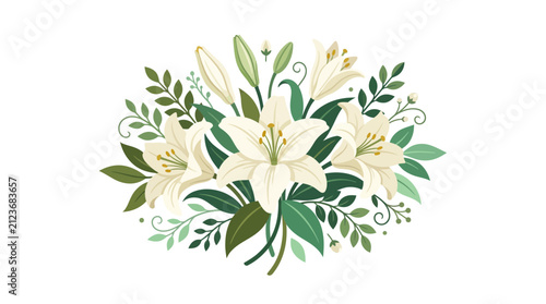 Elegant White Lily Flower Bouquet with Green Leaves Botanical Vector Illustration
