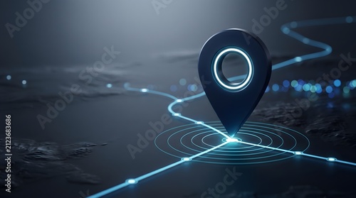 Glowing navigation pin on futuristic digital map