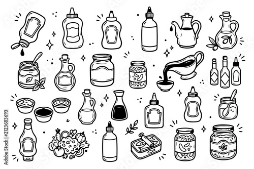 Condiment Bottle and Sauce Jar Doodle Icon Set Vector Collection