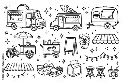 Food Truck and Street Food Doodle Icon Set Vector Collection