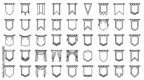 Foto Historic medieval banner outline vector collection with hanging fabric flags cas