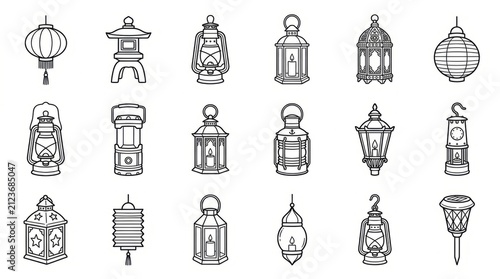 Collection of sixteen vintage and modern lantern designs in black and white illustration.