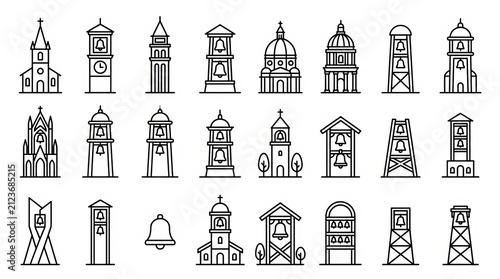 Collection of various classic church and cathedral architectural line art illustrations.
