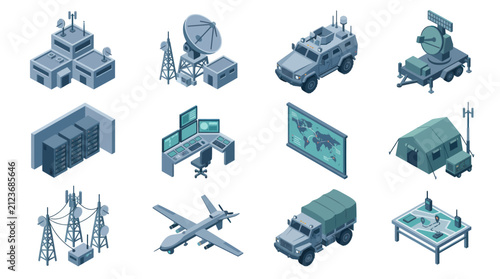 Fotografía Military technology and equipment collection isometric icons.