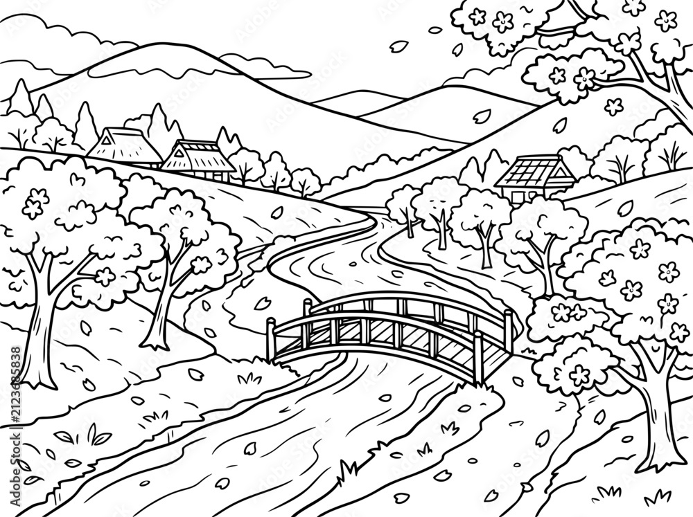 Fototapeta premium Cherry blossom valley coloring page. Spring landscape with river and wooden bridge illustration.