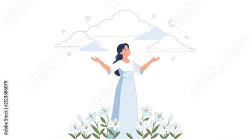 Bild auf Leinwand Serene woman in white dress praying among lilies under the night sky