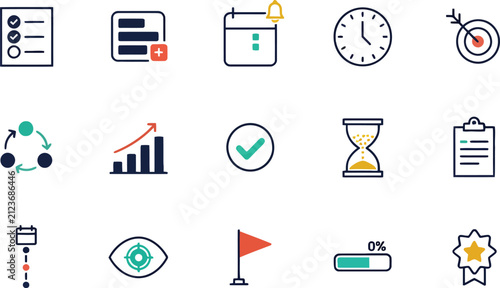 Collection of flat icons representing productivity and business management tools