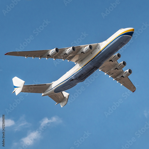 Obraz na plátně Square crop of the world largest strategic cargo airplane in flight against blue