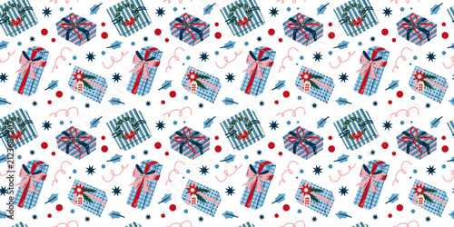 Winter seamless pattern with vintage gift boxes on white background. Christmas decoration texture and wrapping paper design. Hand drawn festive vector illustration.