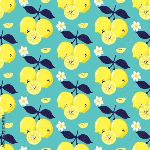 Seamless lemon cluster pattern with citrus fruit, blossoms, and slices on a turquoise background. Fresh botanical print for fabric, wallpaper, stationery, and packaging.