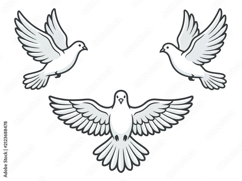 Fototapeta premium Three white doves flying together in harmony.