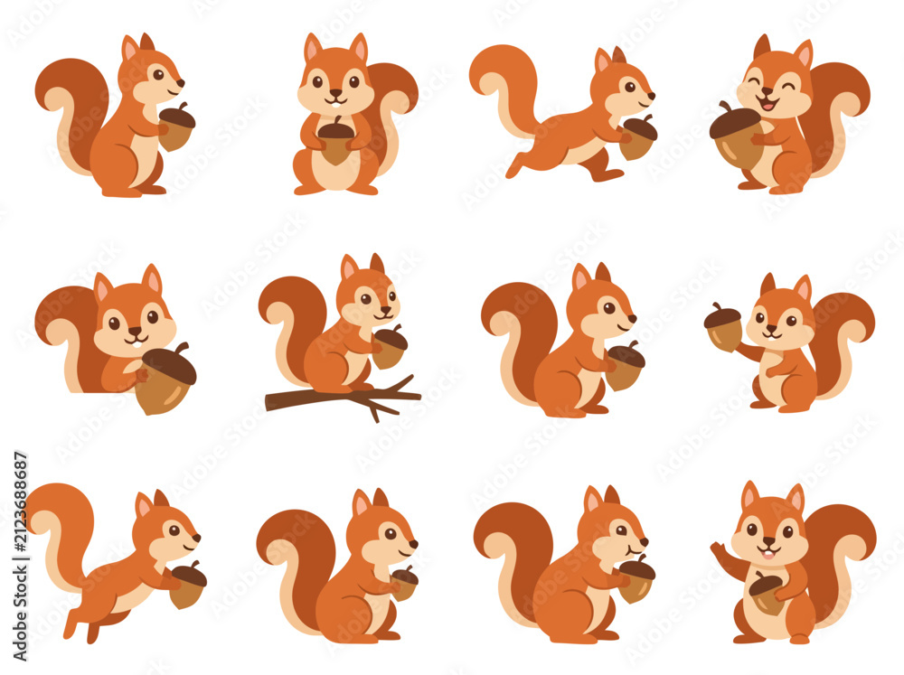Fototapeta premium A collection of cute cartoon squirrels in various poses with acorns on a white background.