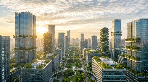 Sustainable Modern Urban Landscape with Green Vertical Gardens at Sunset