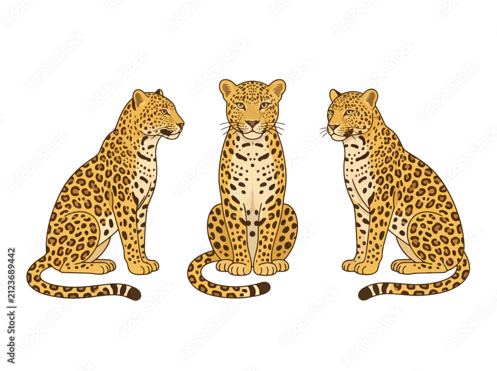 Naklejka premium Three stylized leopards illustration showcasing different poses against a white background.