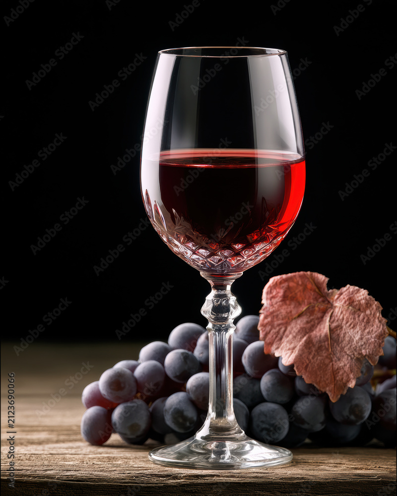 Obraz premium Crystal wine glass with red wine grape cluster dried leaf wooden table elegant moody lighting rich color still life