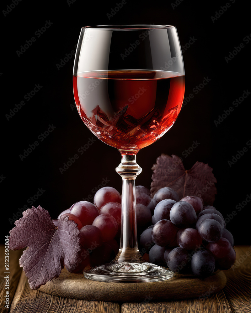 Obraz premium Crystal wine glass with red wine grape leaf wooden table elegant luxury dark background still life classic style