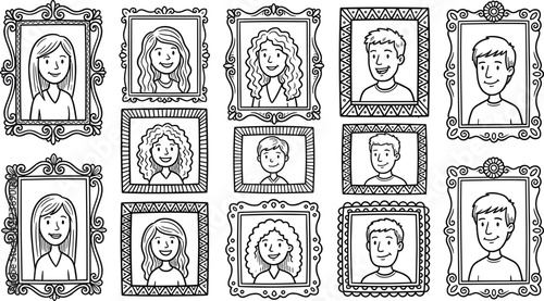 Obraz na plátně Hand drawn family portrait sketches inside ornate vintage picture frames set for