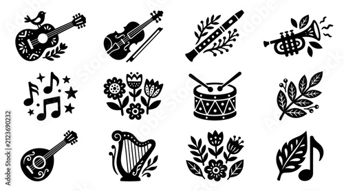 Konstfotografi Collection of Folk Art Inspired Musical Instruments and Nature Motifs