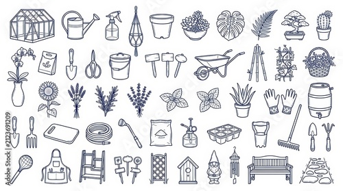Set of hand drawn gardening tools and plants isolated on white background