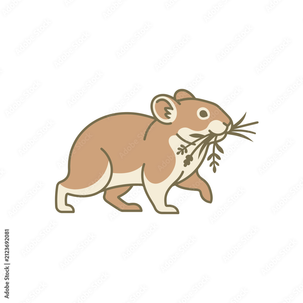 Fototapeta premium Cute pika rodent character carrying grass in its mouth vector illustration