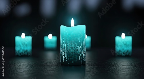 Glowing Cyan Candles with Circuit Board Patterns on Dark Surface.