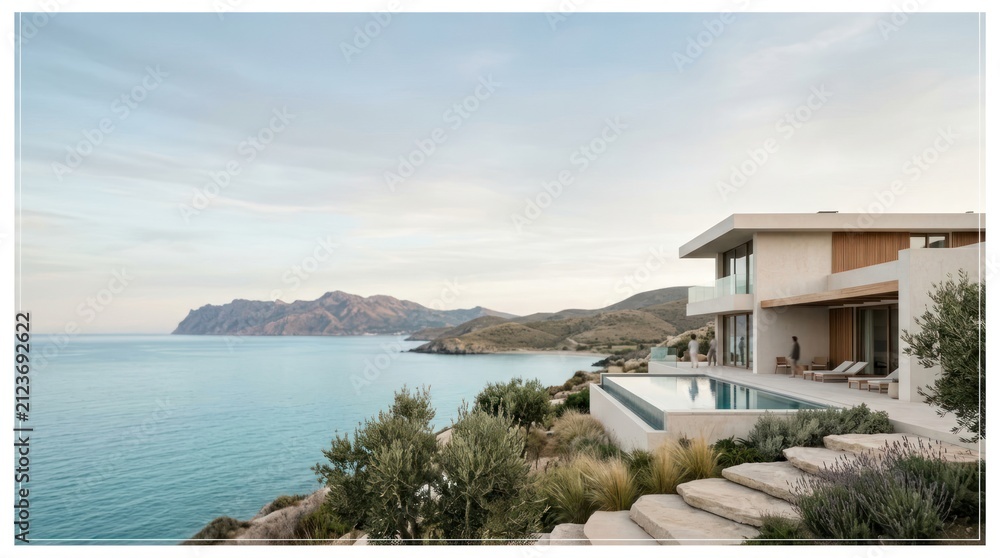 Fototapeta premium Luxury villa poolside overlooking coastal landscape