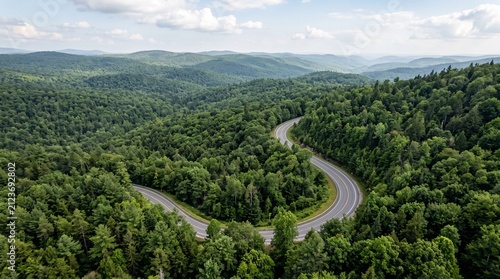 Aerial drone shot of a sharp hairpin curve on a forest mountain pass with mountain, landscape