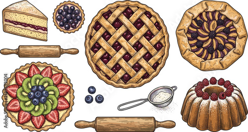Foto Vintage Bakery Dessert Vector Illustration Set with Cherry Pie Fruit Tart Bundt