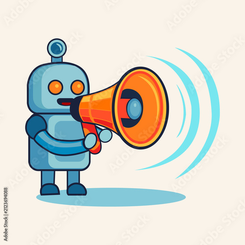 A cute robot assistant holds a megaphone, spreading news and attracting customers, symbolizing effective communication and marketing. Smart helper technology, business promotion, and public relations.