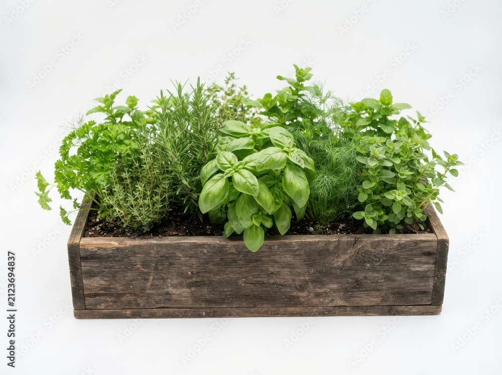 Fototapeta premium Fresh green herbs growing in a rectangular wooden planter box for cooking and gardening at home