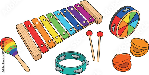 Cuadro en lienzo Colorful Wooden Musical Toy Instrument Set with Xylophone Tambourine Maraca and