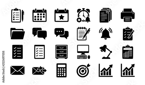 Office productivity and task management silhouette icon set with checklist calendar and workflow symbols vector
