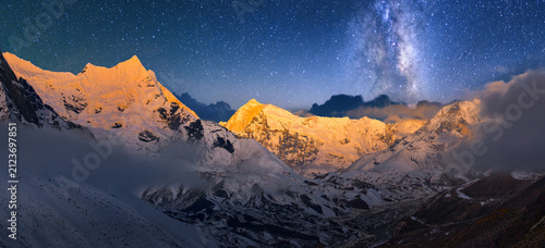 Panoramic view Himalaya mountain range at sunset with milky way appearing in twilight sky, captured from Kala Patthar during Everest Base Camp trek, Nepal