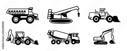 Heavy construction machinery and vehicles icon set with black silhouette vector style isolated on white background