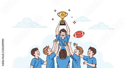 Group of happy young boys celebrating a sports victory by lifting their teammate who is holding a golden trophy.