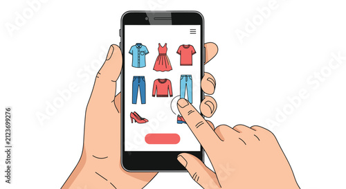Close-up of a hand using a smartphone application to browse and shop for clothes and shoes from an online store.