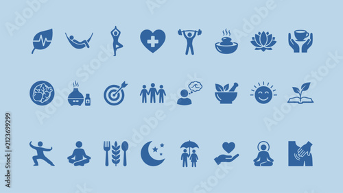 Collection Of Blue Flat Health And Wellness Icons Representing Various Medical Concepts healthcare fitness therapy