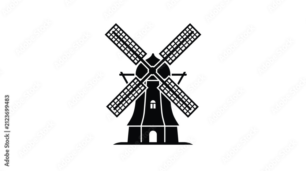 Fototapeta premium Black windmill silhouette illustration featuring traditional rotating blades isolated on a clean and simple white background