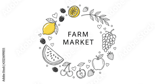 Circular wreath illustration featuring hand-drawn fruits like lemon, watermelon, and berries with farm market text in center.