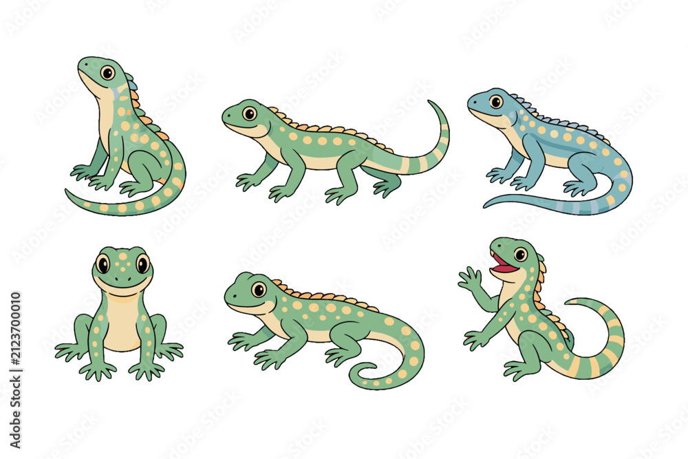 Fototapeta premium Set of cute cartoon iguanas in different poses on white