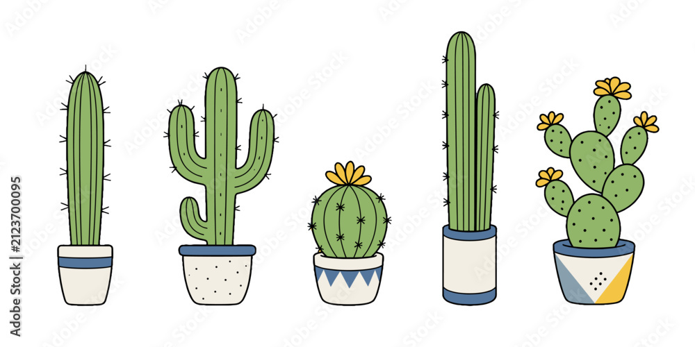 Fototapeta premium Set of potted cactus plants with flowers in simple vector style