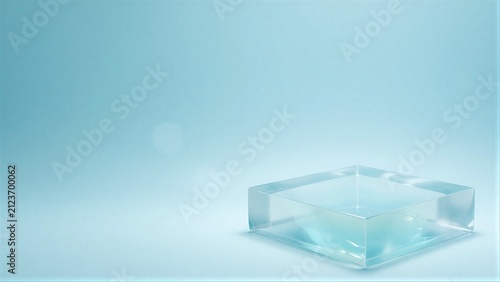Transparent glass cube rests on matching base against soft blue background.