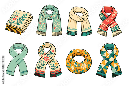 Bild auf Leinwand Set of decorative scarves with floral and geometric patterns