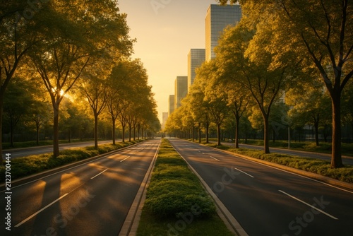 Golden hour city boulevard lined with lush green trees, modern skyscrapers reflecting warm sunlight, peaceful urban street with greenery, calm atmosphere, sustainable eco-friendly cityscape.